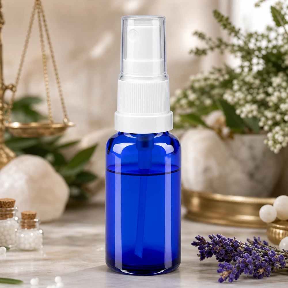 Flacone spray blu da 20ml STD bianco/trasp. apoGlas Flacone spray da farmacia blu da 20 ml con erogatore bianco, accanto a lavanda e granuli omeopatici