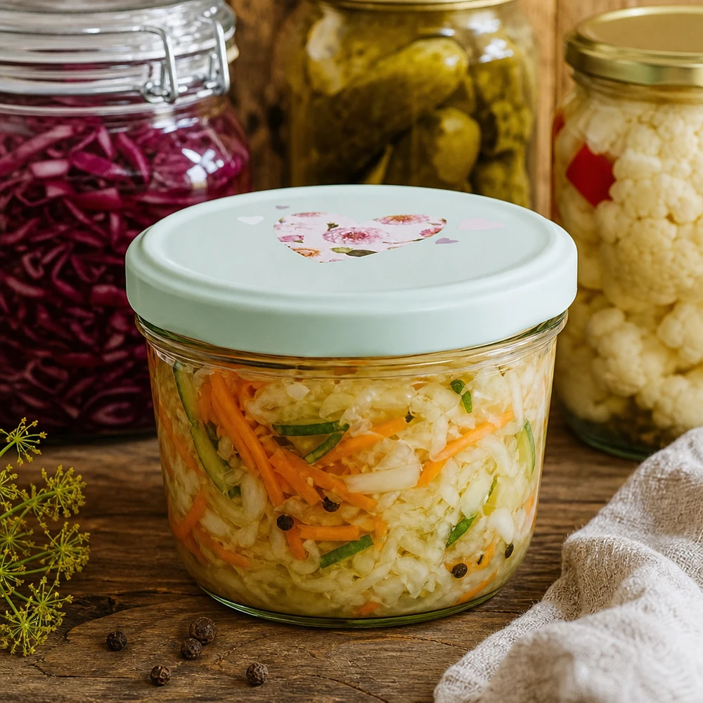 Bicchieri da 230 ml + coperchio BasicSeal cuore menta UNiTWIST Conservare le verdure sottaceto in tumbler da 230 ml con coperchi a forma di cuore di menta, conservare gli alimenti fermentati in barattoli da conserva.
