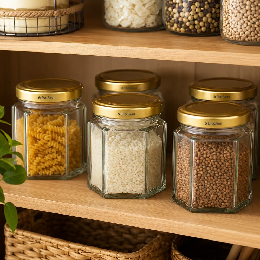 Vasetto per miele da 60 g con capsula dorata BioSeal UNiTWIST Vasetti BioSeal da 60 g con coperchi dorati per conservare pasta, riso e spezie in dispensa
