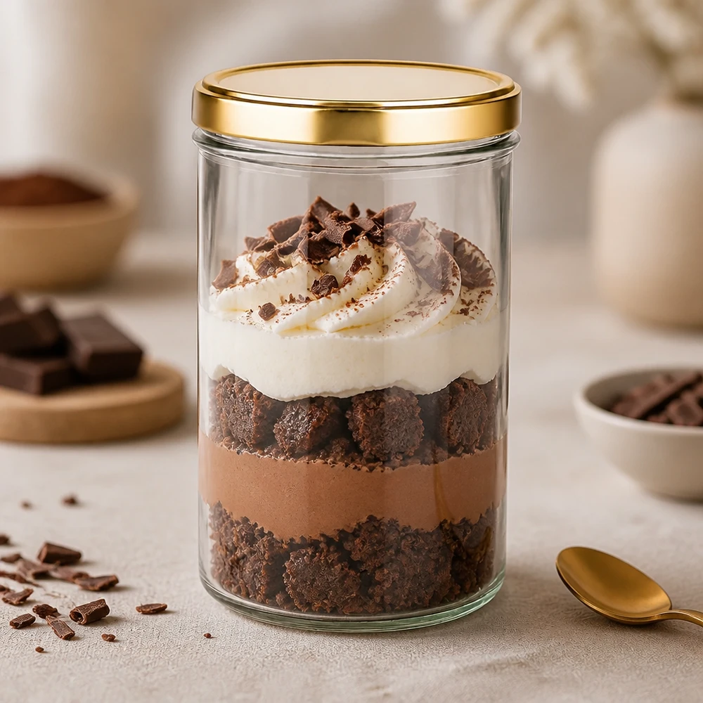 Bicchieri da 277 ml con coperchio BasicSeal oro UNiTWIST Bicchieri da 277 ml con coperchio dorato UNiTWIST come bicchiere da dessert per tiramisù al cioccolato con panna e cacao