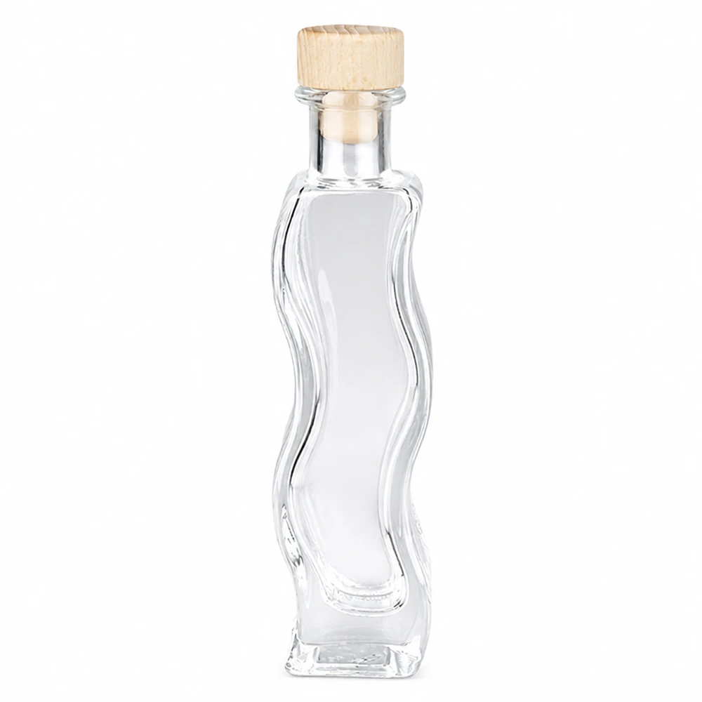 Flacone in vetro da 100 ml Melissa con tappo in sughero con impugnatura in legno UNiTWIST® 100ml bottiglia di vetro Melissa con manico in legno tappo UNiTWIST forma curva bottiglia decorativa trasparente vuota