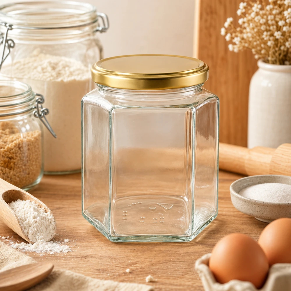 Vasetto per miele da 500 g con capsula dorata BasicSeal UNiTWIST Vasetto vuoto da 500 g per miele BasicSeal UT esagonale con coperchio dorato in un ambiente di cucina accogliente Uova di farina Legno