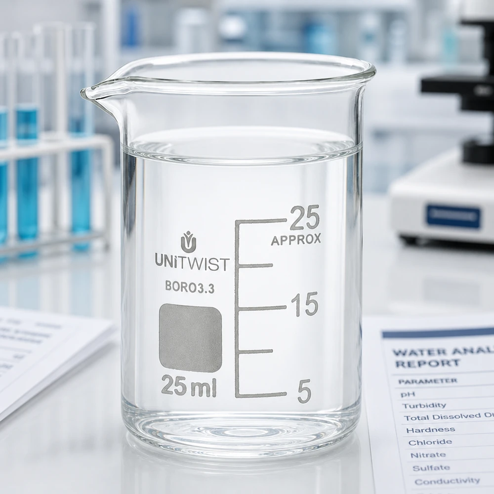 Bicchiere 25ml in borosilicato, a basso stampo UNiTWIST Bicchiere di vetro UNiTWIST da 25 ml a forma bassa con rapporto di analisi dell'acqua e microscopio in laboratorio