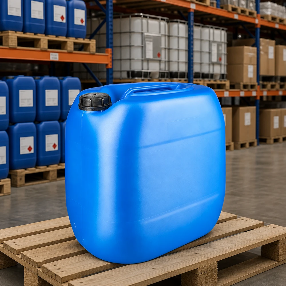 Tanica blu da 30 litri con tappo a vite OV su pallet di legno nel magazzino dei prodotti chimici
