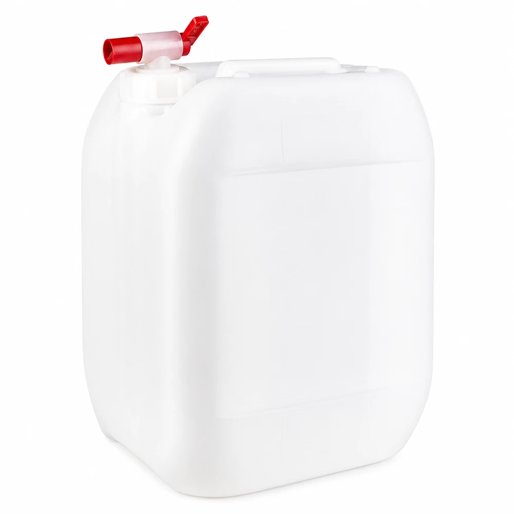 Tanica bianca da 10 litri in plastica HDPE con rubinetto di scarico rosso dall'alto