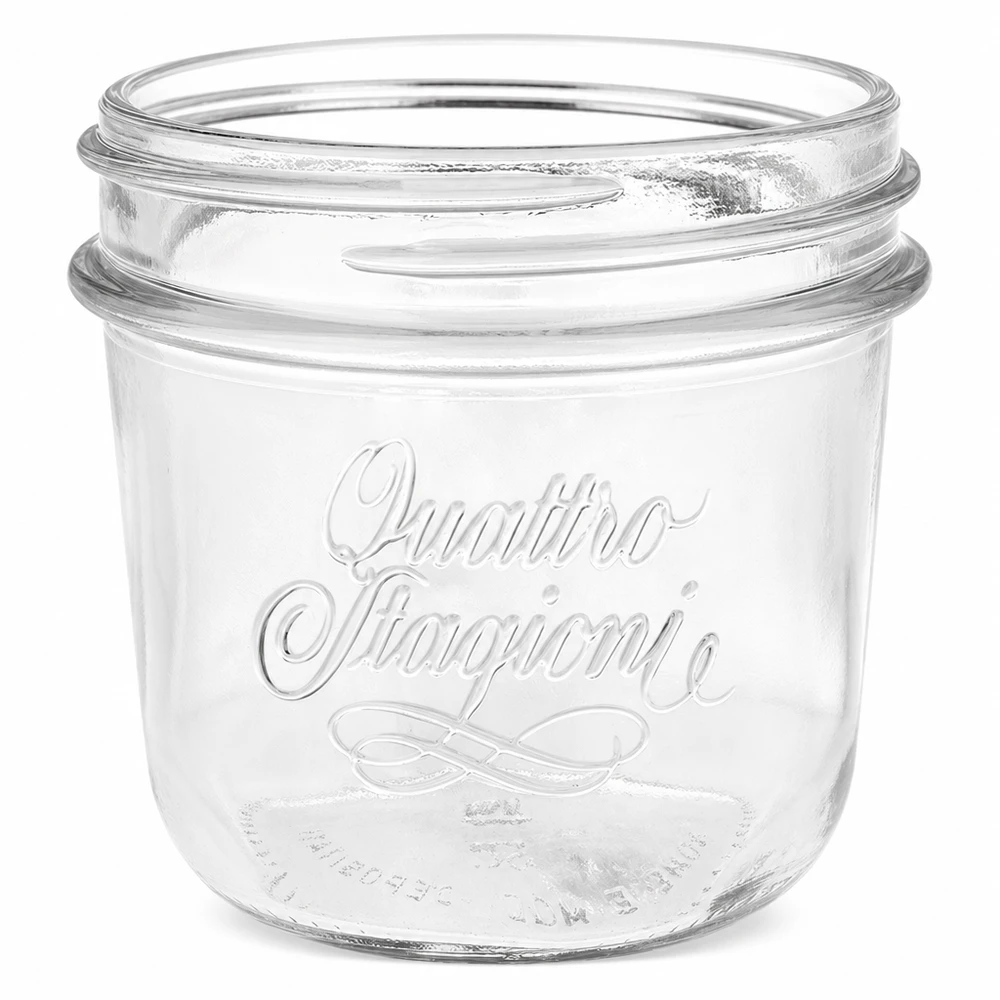 Vaso per gioielli "Quattro Stagioni" da 200 ml Barattolo Quattro Stagioni da 200 ml in vetro trasparente con logo in rilievo, senza coperchio, per la conservazione e lo stoccaggio