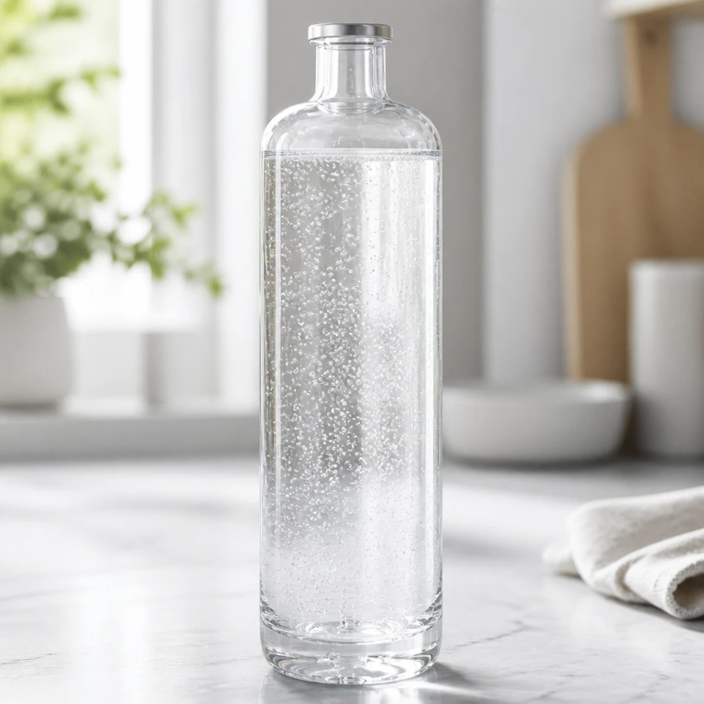 Bottiglia in vetro da 700 ml Ella senza tappo UNiTWIST® Bottiglia di vetro da 700 ml di Ella riempita con acqua minerale frizzante su un piano di lavoro della cucina di colore chiaro in un ambiente moderno