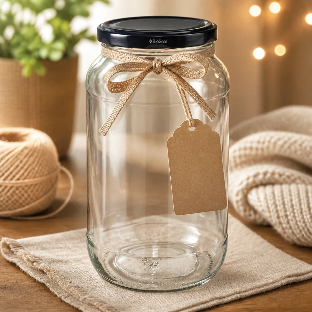 UNiTWIST Runda1062 con coperchio nero. Coperchio. TO82 BioSeal Barattolo rotondo UNiTWIST 1062 con coperchio nero TO82 BioSeal decorato con nastro di iuta e etichetta regalo Artigianato fai da te