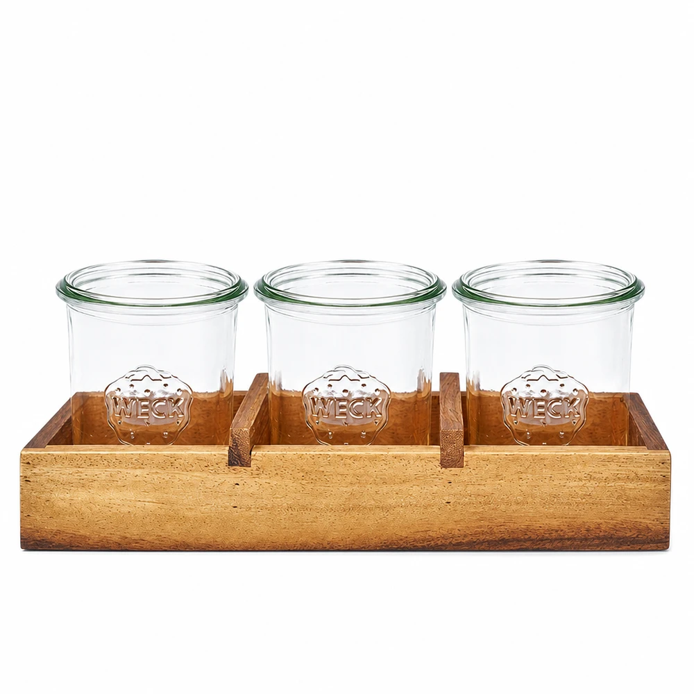 WECK barattoli in legno d'acacia scatola di servizio3 vista frontale tre tumbler in supporto di legno a grana naturale