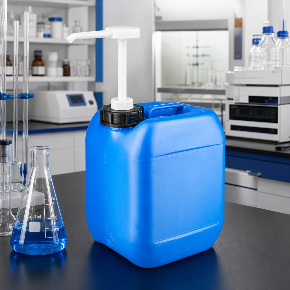 Tanica quadrata in plastica blu da 5 litri con pompa dosatrice bianca montata, in laboratorio