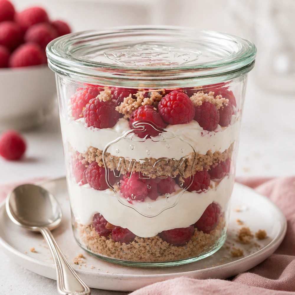 Bicchieri WECK 580ml RR100 come vaso da dessert con dessert a strati di lamponi e crumble disposti in modo decorativo