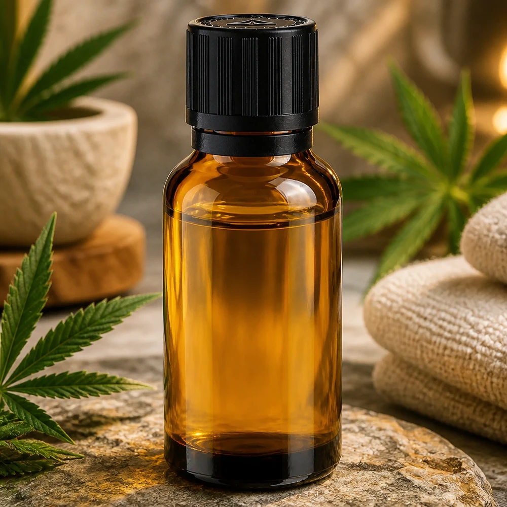 20ml bre. Gocciolatore. OV KiSi Bli nero/1mm ApoGlas Flacone da 20 ml in vetro ambrato da farmacia con tappo di sicurezza nero a prova di bambino, tra foglie di cannabis