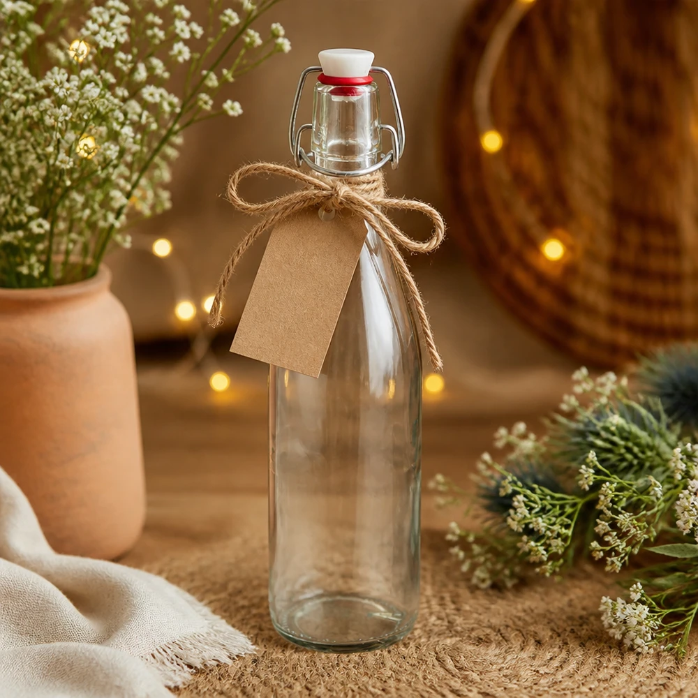 Bottiglia in vetro 500ml swing top in porcellana come regalo, decorata con etichetta in carta kraft e cordino di juta