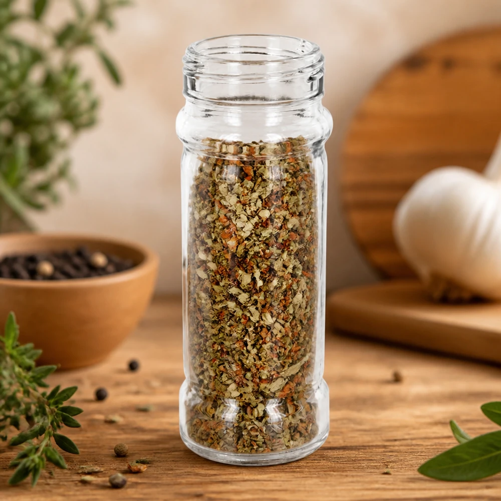 Barattolo per spezie Mary da 100 ml in vetro trasparente con miscela di erbe aromatiche, posato su un tavolo rustico in legno accanto a erbe aromatiche fresche