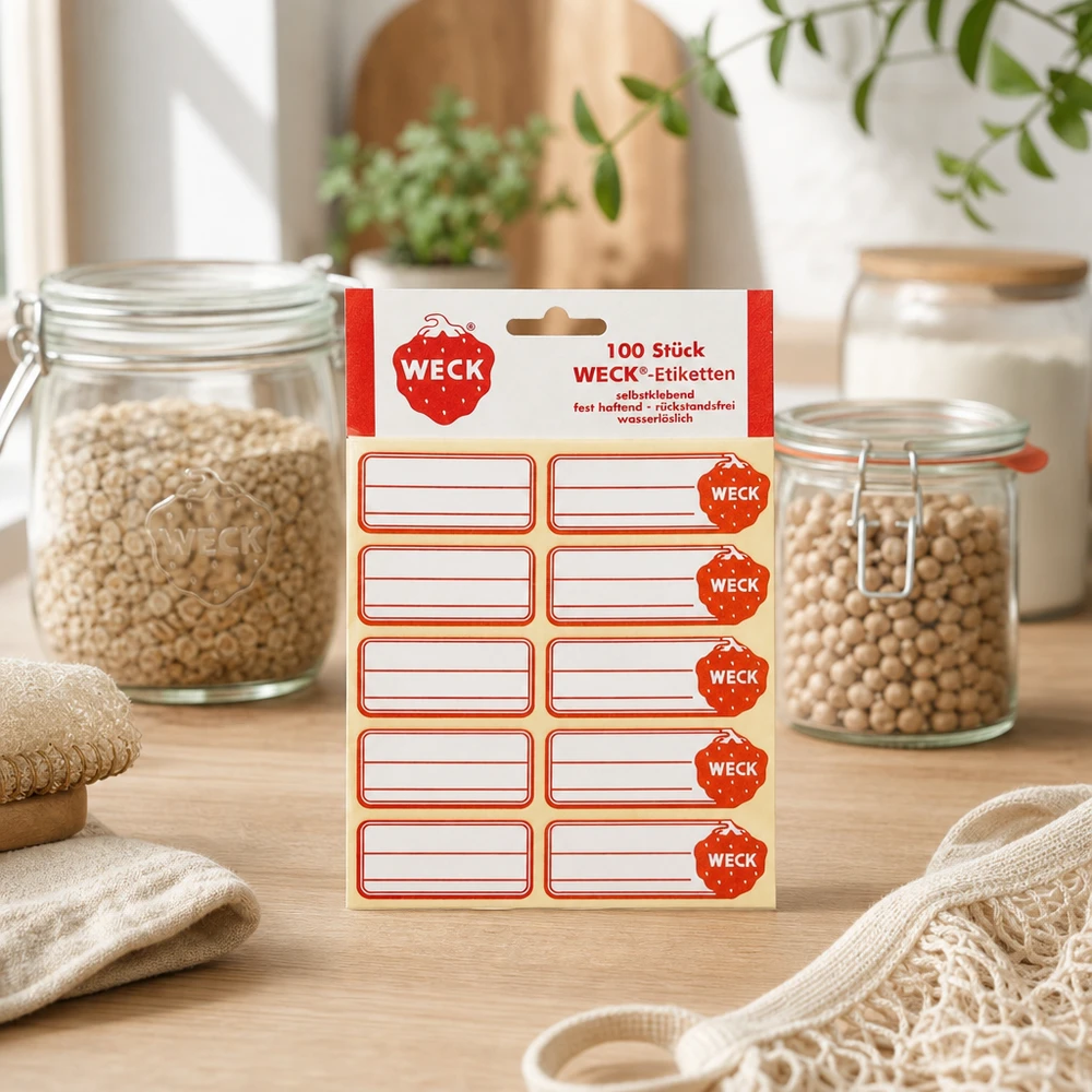 Etichette WECK Confezione di prodotti con 100 adesivi autoadesivi accanto ai barattoli di conservazione dei cereali