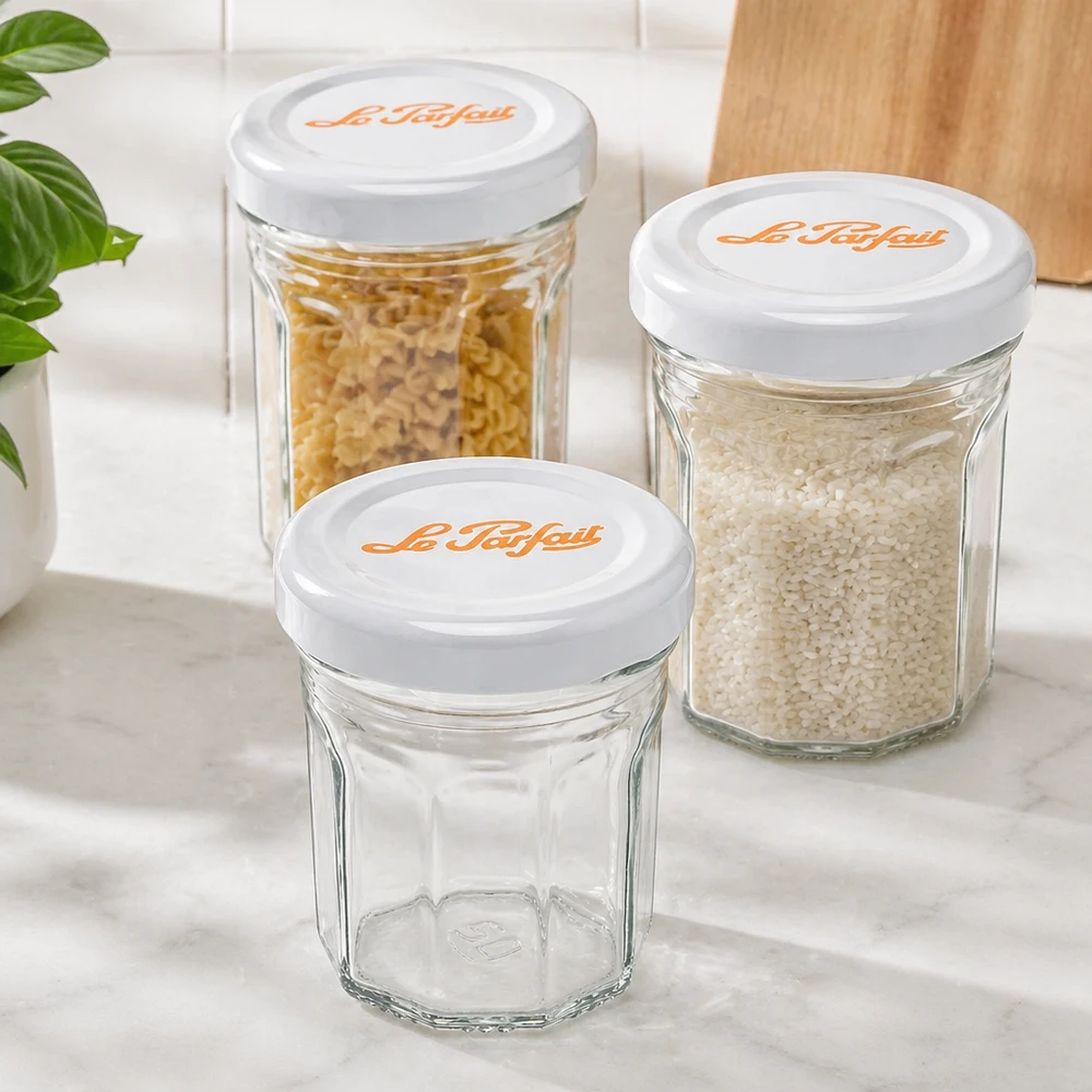 Set di mini tumbler Le Parfait da 44 ml con coperchi bianchi - uno vuoto, due pieni di riso e pasta