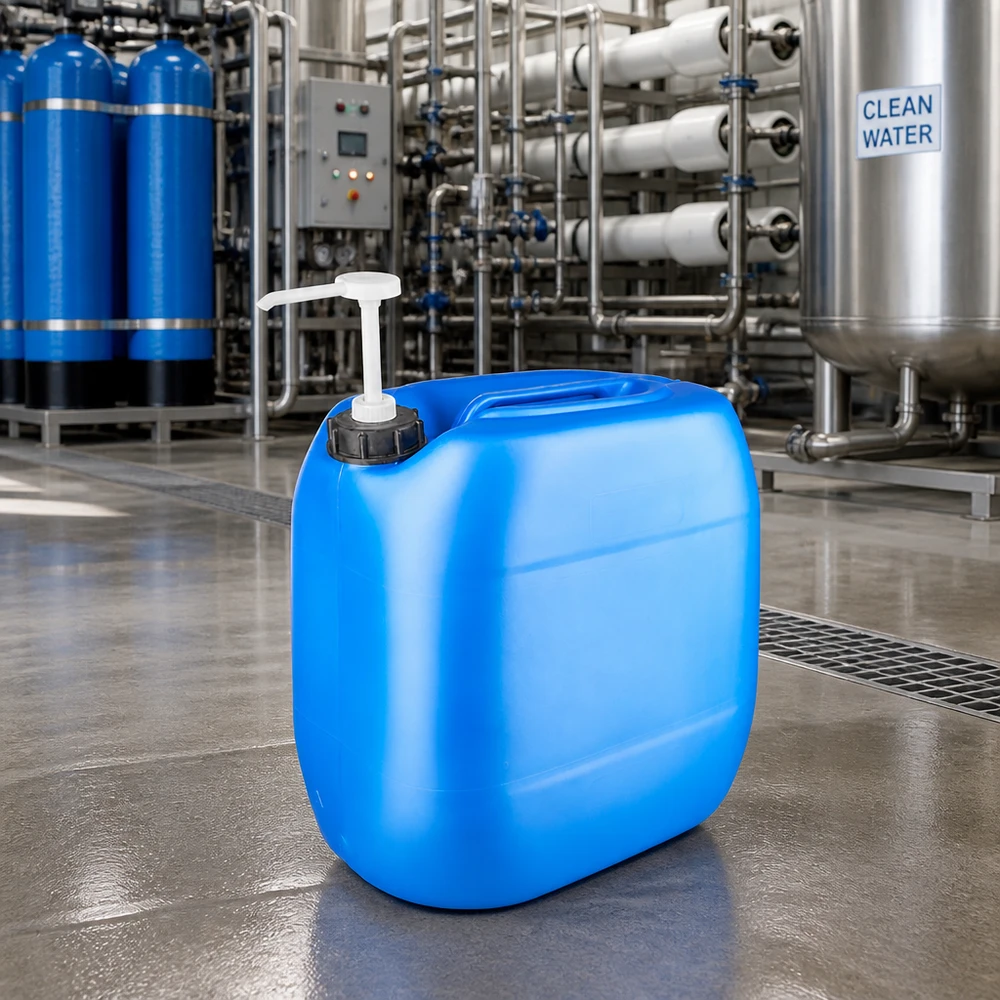 Tanica 30 litri blu con pompa dosatrice Tanica di plastica blu da 30 litri con pompa dosatrice in un impianto di trattamento dell'acqua con cartello "Clean Water"