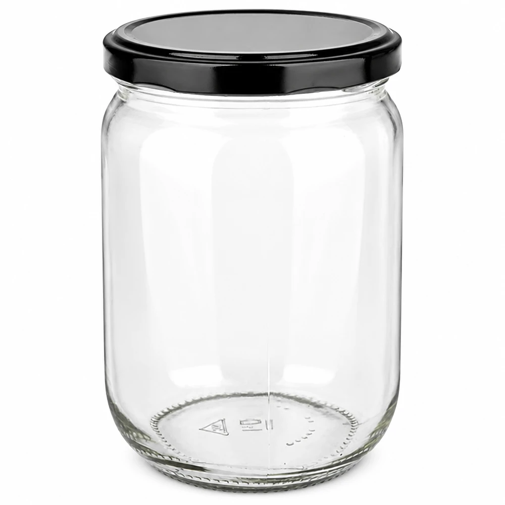 Vaso di vetro rotondo da 555 ml + coperchio BasicSeal nero UNiTWIST Barattolo di vetro trasparente da 555 millilitri con coperchio nero a vite UniTwist