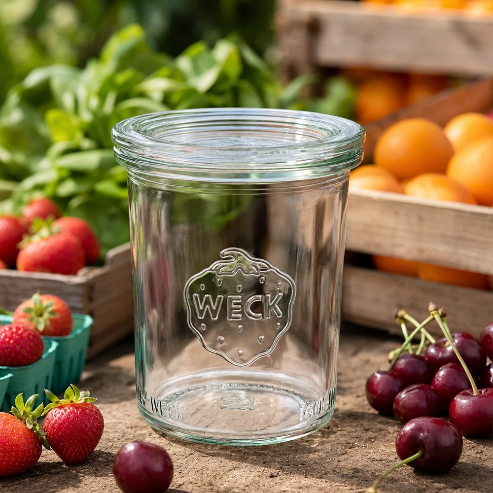 WECK RR60 160ml vaso mason vuoto su tavolo di legno con ciliegie, fragole e arance fresche da conservare