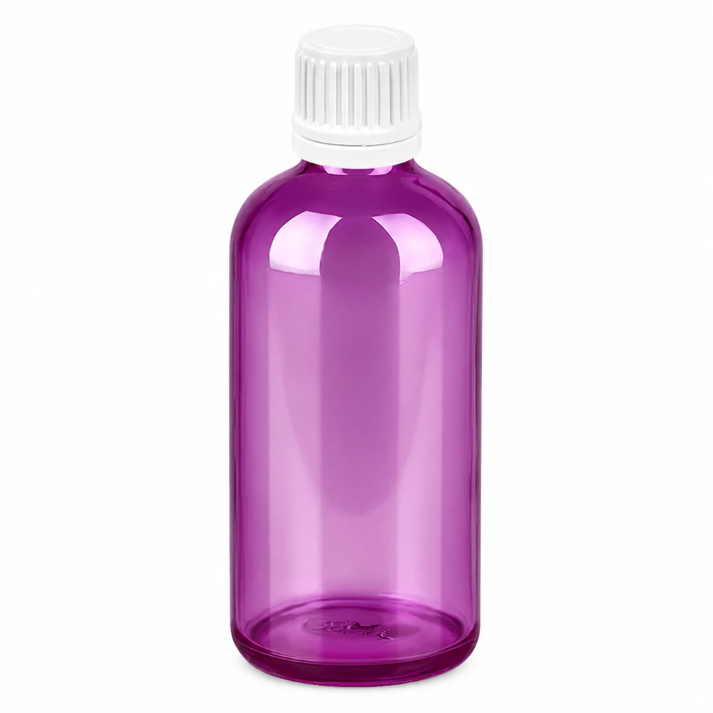Bottiglia da 100ml tappo a vite 11mm bianco Originalità tappo a vite PurpleLine UT18/100 Bottiglia in vetro viola da 100 millilitri con tappo a vite bianco per cosmetici fai da te