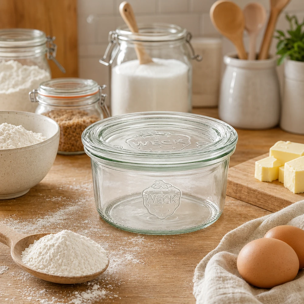 Bicchieri da 165 ml con coperchio in vetro WECK RR80 WECK 165ml RR80 barattolo di vetro vuoto su tavola di legno circondato da ingredienti da forno come farina uova burro in cucina