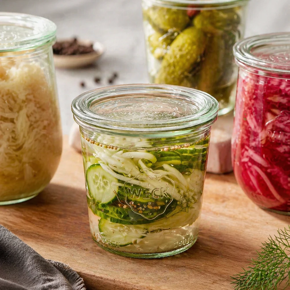 Bicchieri alti da 290 ml con coperchio in vetro WECK RR80 Vaso WECK da 290 ml RR80 con cetriolini sottaceto ed erbe aromatiche accanto ad altri vasi da conserva pieni su una tavola di legno