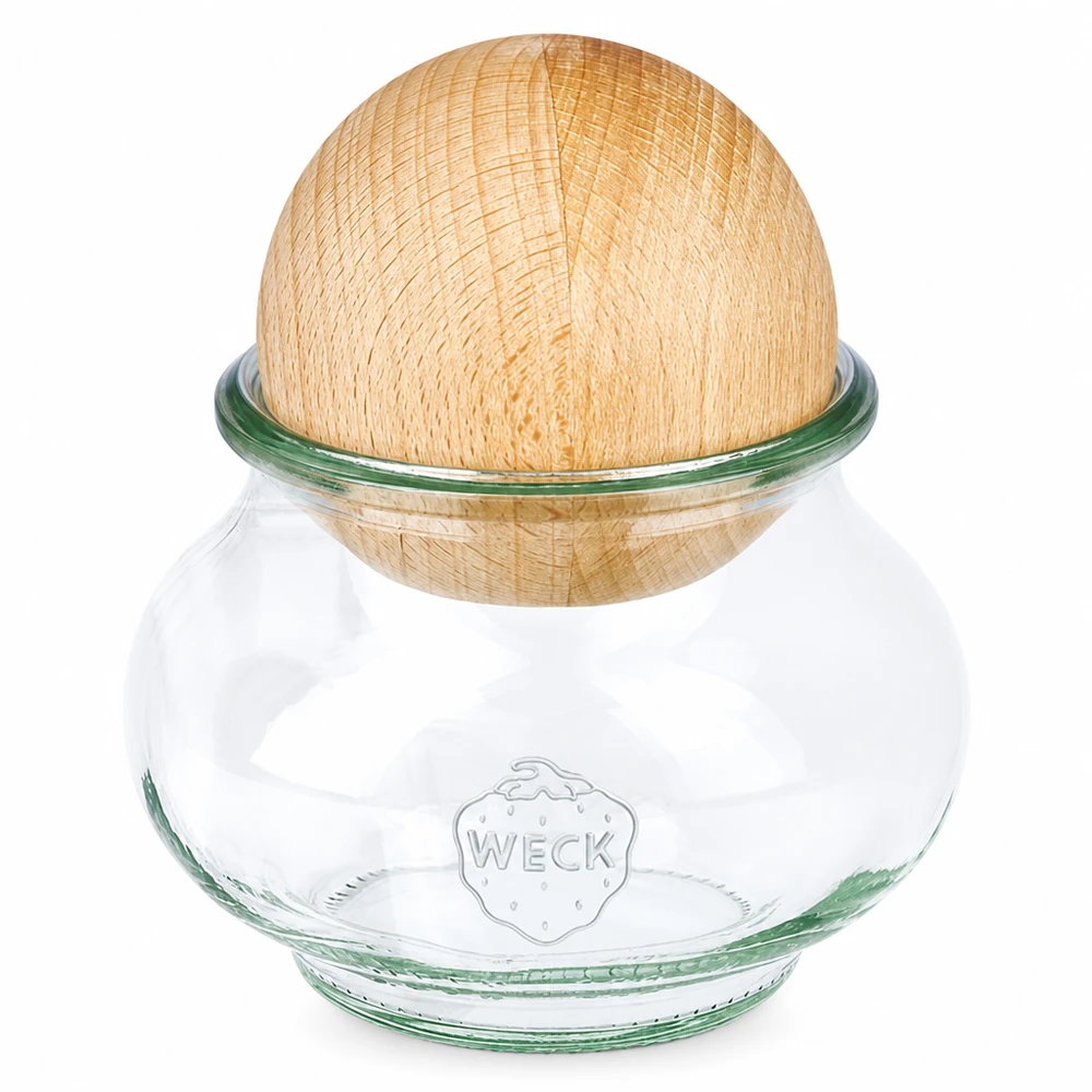 Vaso per gioielli WECK RR60 da 220 ml con coperchio a sfera in legno di faggio, vaso trasparente con coperchio in legno
