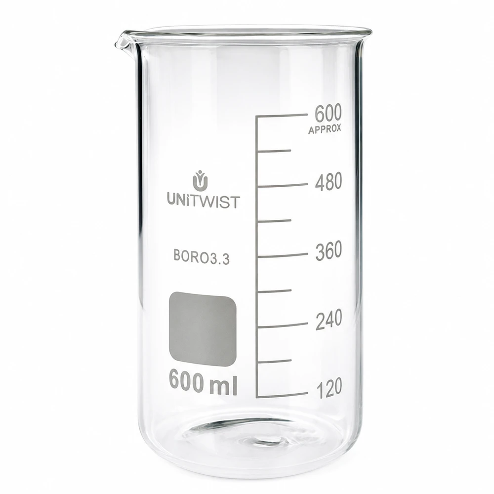 Bicchiere da laboratorio da 600 ml, modello alto, in vetro borosilicato di UNITWIST, con scala in millilitri, trasparente