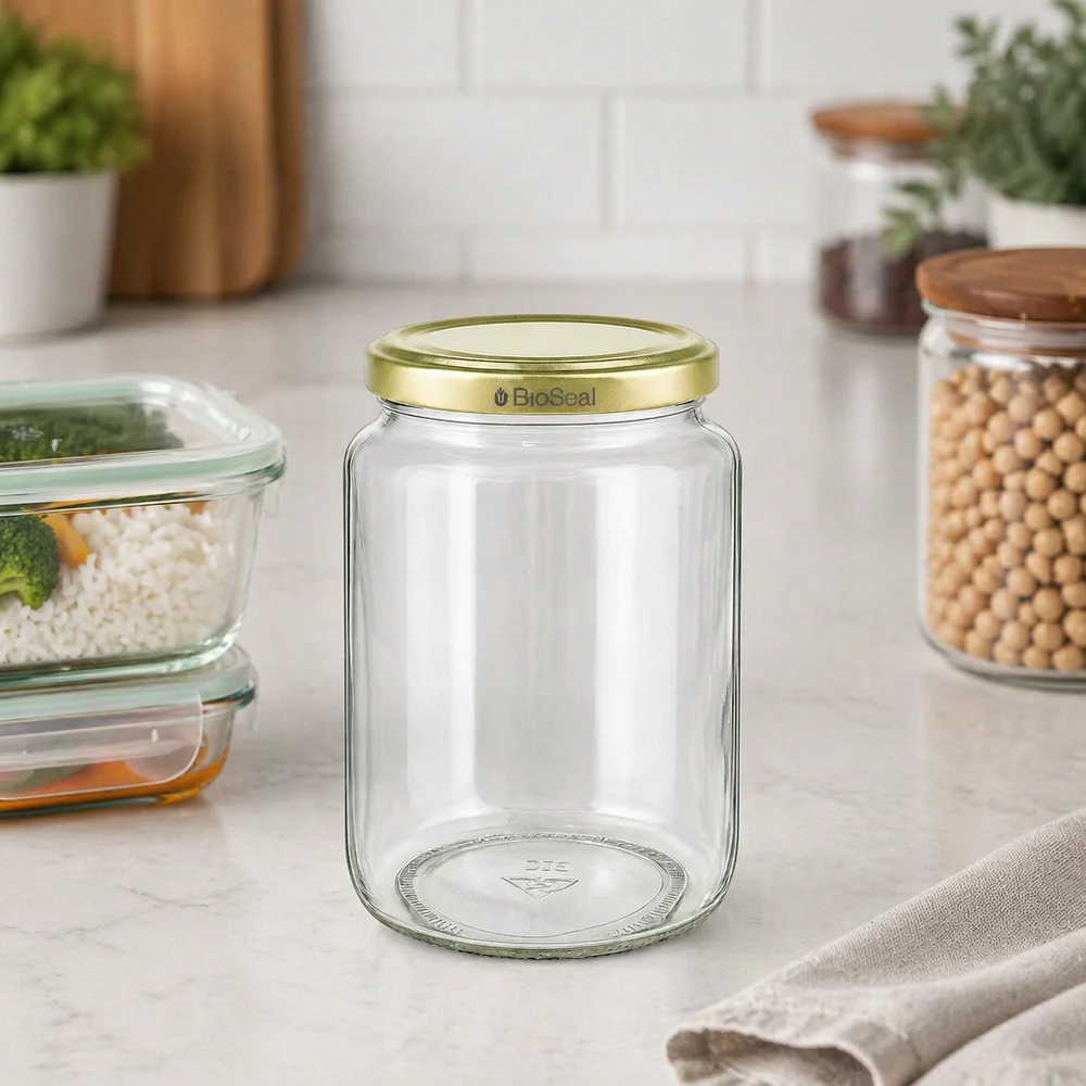 Vasetto per miele da 1000 g con capsula dorata BioSeal UNiTWIST Vasetto di miele BioSeal da 1000 g vuoto con coperchio a vite dorato sul piano di lavoro della cucina accanto ai vasetti con i ceci