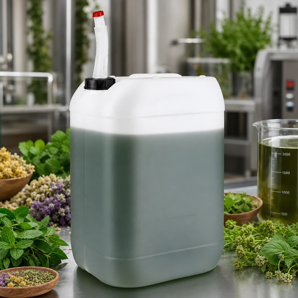 Tanica da 25 litri con tubo di uscita flessibile Tanica verde e bianca da 25 litri con beccuccio flessibile, circondata da erbe aromatiche fresche e piante medicinali