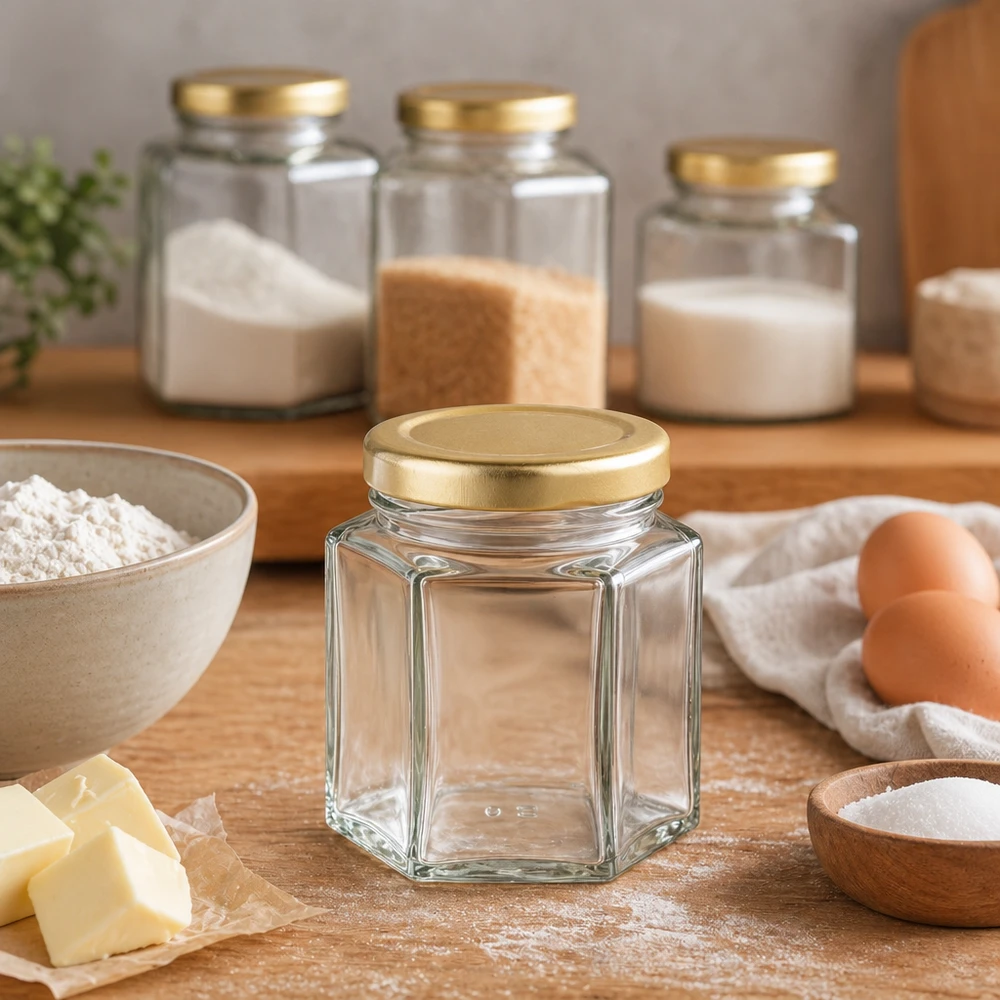 Vasetto per miele da 60 g con capsula dorata BasicSeal UNiTWIST 60g miele barattolo esagonale vuoto in cucina scena con ingredienti da forno farina uova burro e barattoli di stoccaggio