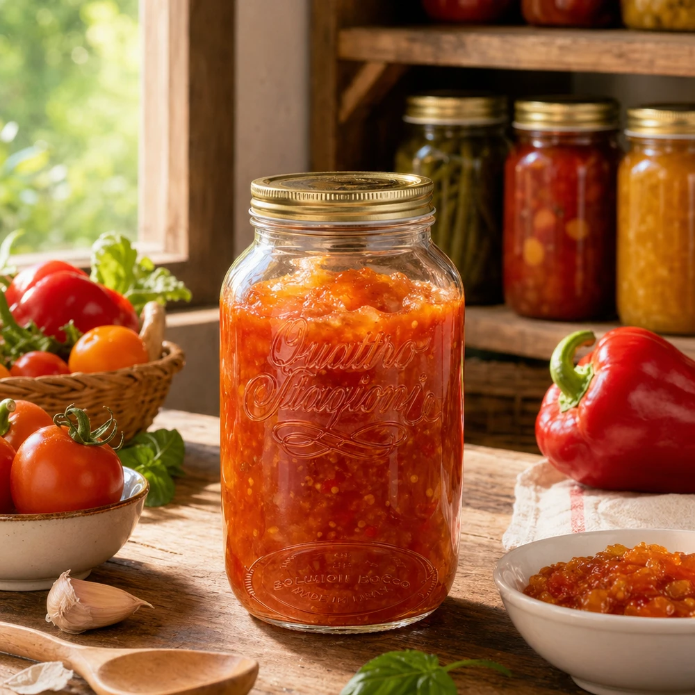 Quattro Stagioni vaso rotondo da 3800 ml riempito di salsa di pomodoro con pomodori freschi e peperoni Conservazione