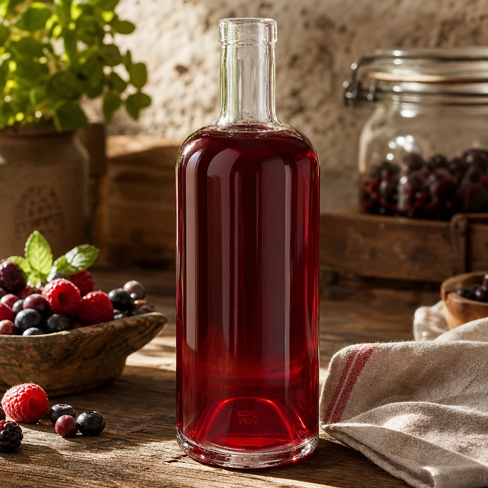 Bottiglia in vetro da 750 ml Emma senza tappo UNiTWIST® Bottiglia di vetro da 750 ml di Emma riempita di succo di bacche rosse circondata da bacche fresche e da una decorazione rustica per la cucina