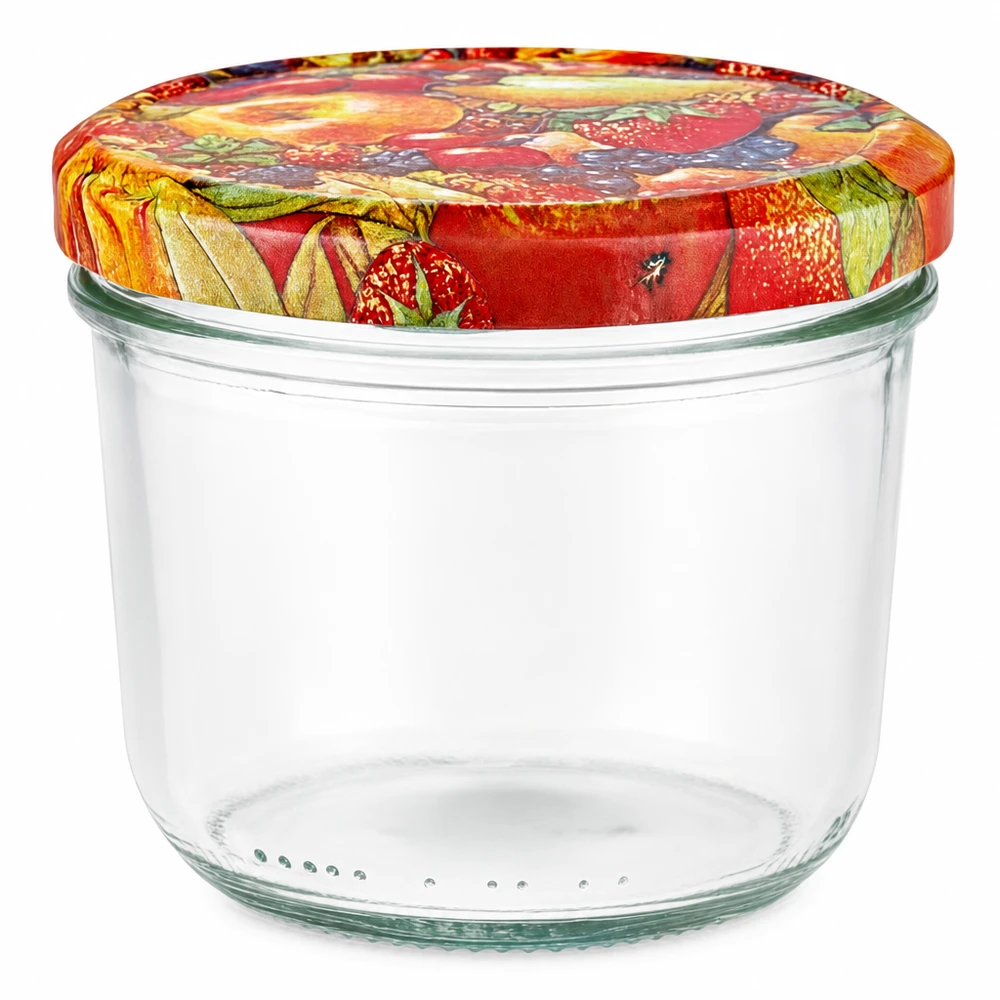 Bicchieri da 230 ml + coperchio BasicSeal con decorazione di frutta UN.. Vaso mason vuoto da 230 ml con coperchio colorato per frutta BasicSeal per marmellate e conserve