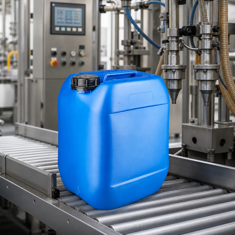 Tanica 10 litri blu con tappo a vite OV Tanica industriale da 10 litri, blu, con tappo a vite OV nero, su impianto di riempimento a nastro trasportatore