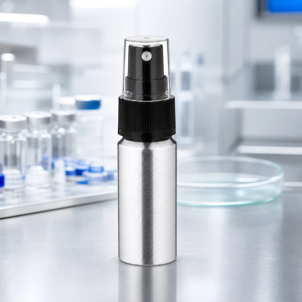 Il flacone in alluminio riflettente da 20 ml con nebulizzatore protegge il contenuto, sensibile alla luce, dai raggi UV.