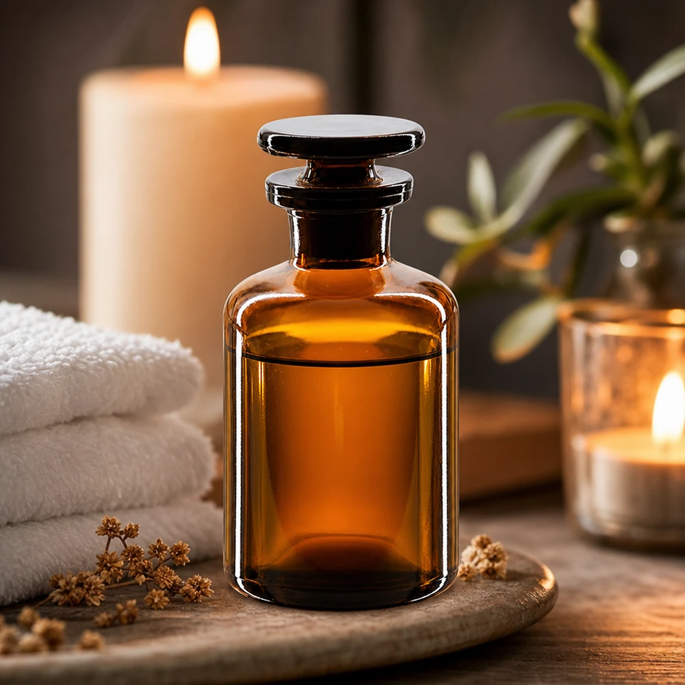 Flacone a spalla arrotondata da 50 ml in vetro ambrato a collo stretto con tappo in vetro per profumi e oli profumati