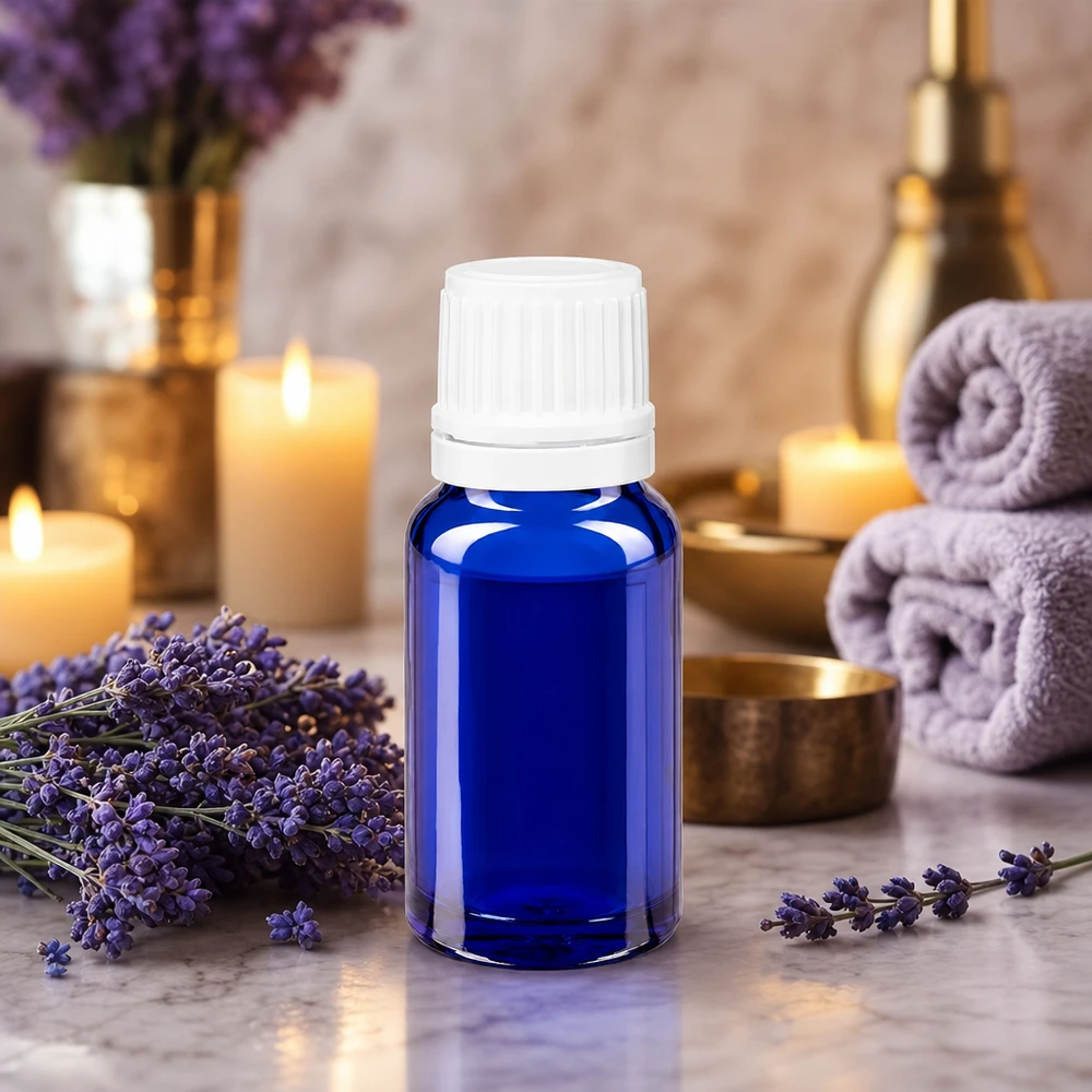 Flacone contagocce blu da 10ml OV bianco/0,7mm ApoGlas Flacone di vetro blu da 10 ml con contagocce, circondato da fiori di lavanda e candele