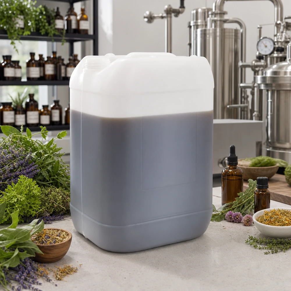 Tanica 25 litri senza tappo Tanica grigia da 25 litri senza tappo tra le erbe fresche nella produzione di cosmetici naturali