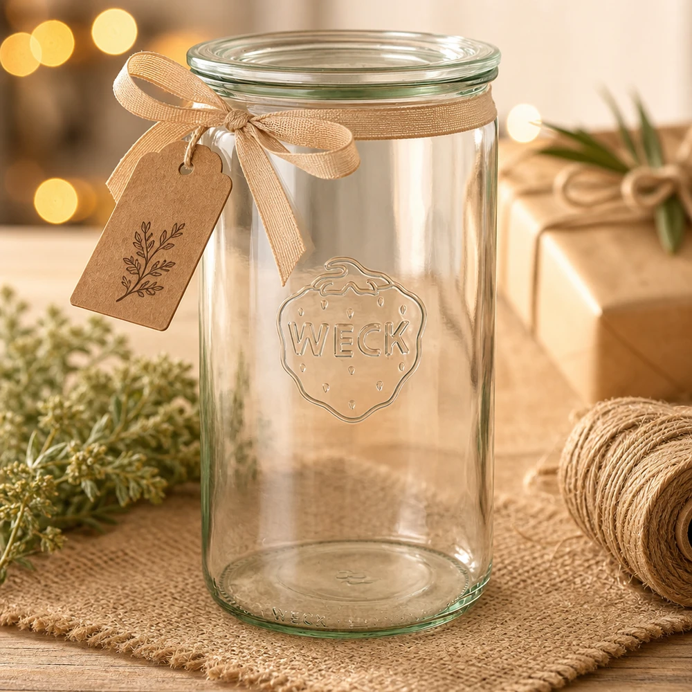Vaso cilindrico WECK 1590ml RR100 vuoto con nastro regalo marrone e ciondolo decorato per Natale su un tavolo di legno