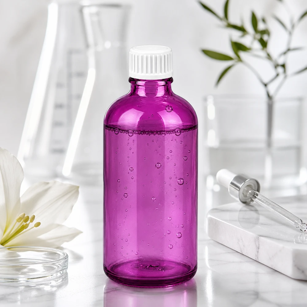 Flacone da 100 ml (globuli) con anello versatore da 3 mm bianco Standard PurpleLine. UT18/100 Flacone in vetro viola di alta qualità da 100 ml per la protezione UV di sostanze sensibili alla luce