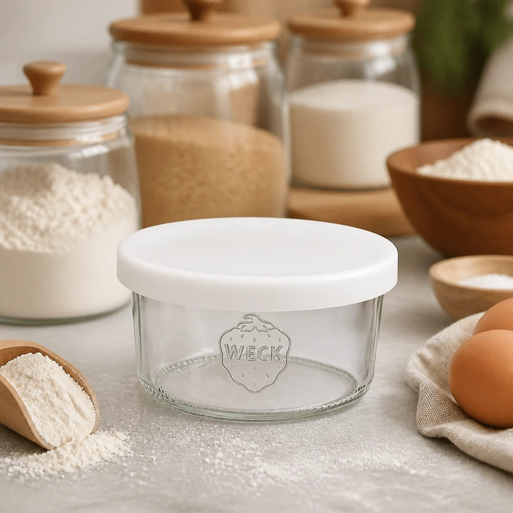 WECK 165ml RR80 tumbler con coperchio in silicone bianco in cucina tra ingredienti da forno, farina, uova e barattoli di stoccaggio