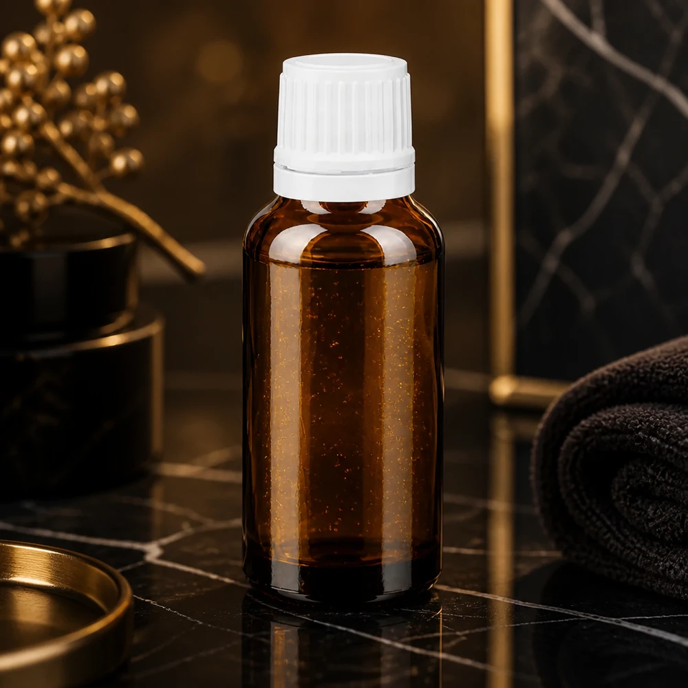 Flacone con protezione dalla luce da 20 ml in vetro da farmacia con tappo contagocce bianco su sfondo di marmo nero