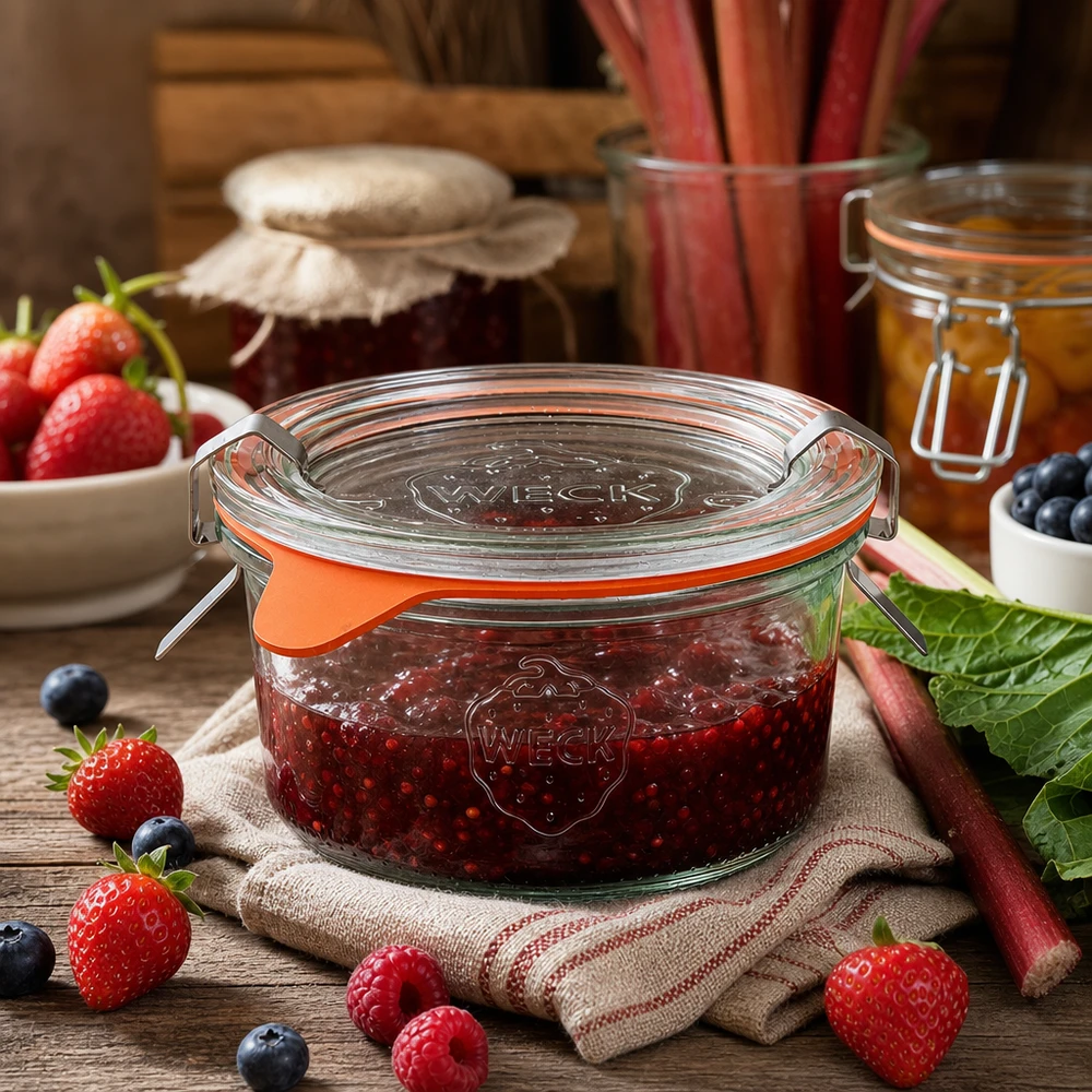 Barattolo WECK 165ml RR80 pieno di marmellata di frutti di bosco circondato da fragole e mirtilli freschi su un tavolo di legno