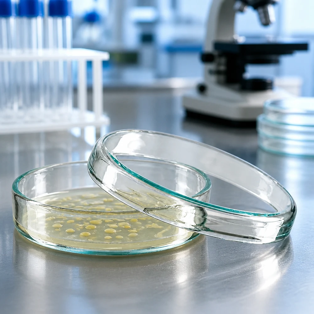 Piastra Petri 70x15mm in vetro Piastra di Petri in vetro 70x15 mm con colture batteriche di colore giallo-verde su agar nutriente in laboratorio