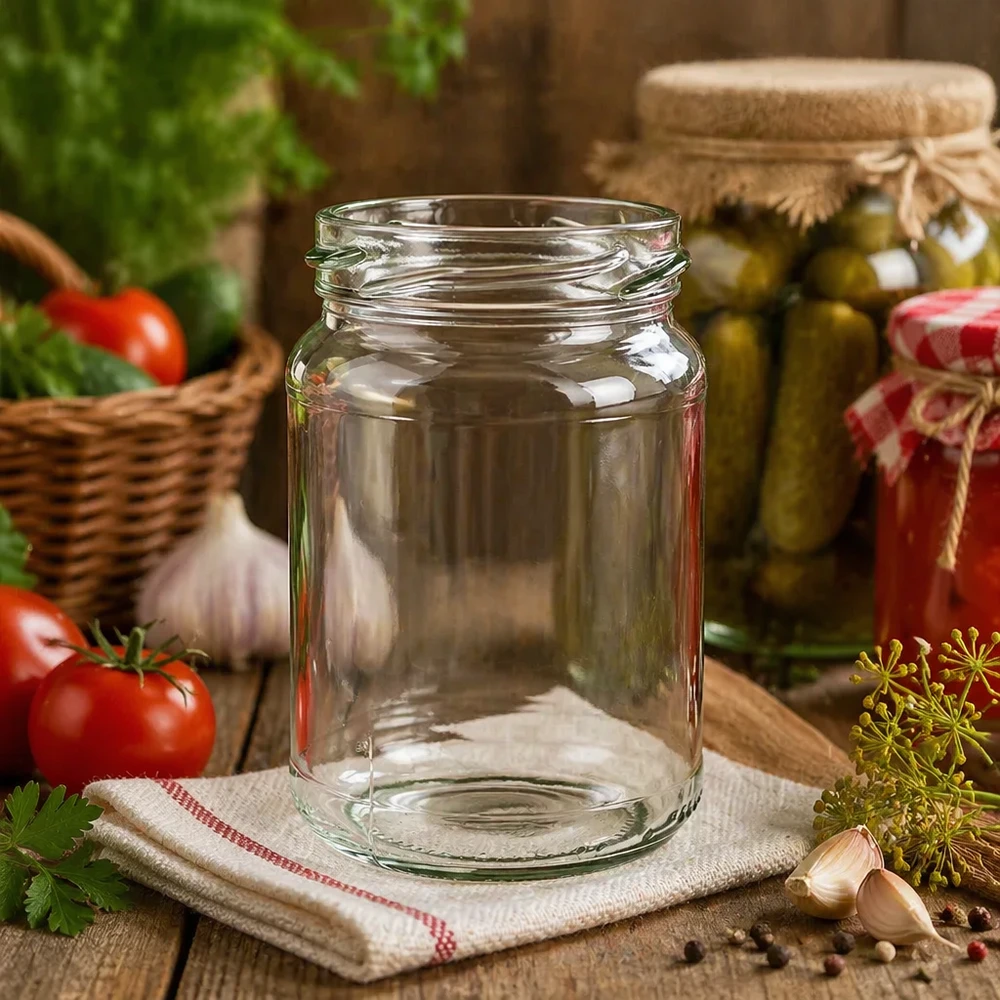 UNiTWIST Runda205 - Barattolo rotondo capacità 205ml TO58 UNiTWIST Runda205 barattolo rotondo 205ml TO58 barattolo per conserve vuoto sul tavolo della cucina con verdure ed erbe sullo sfondo