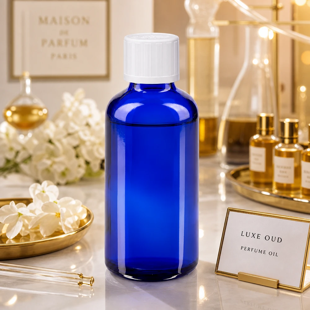 Flacone da farmacia blu da 50 ml con tappo di sicurezza bianco per bambini, utilizzato come contenitore per olio profumato in un allestimento di lusso