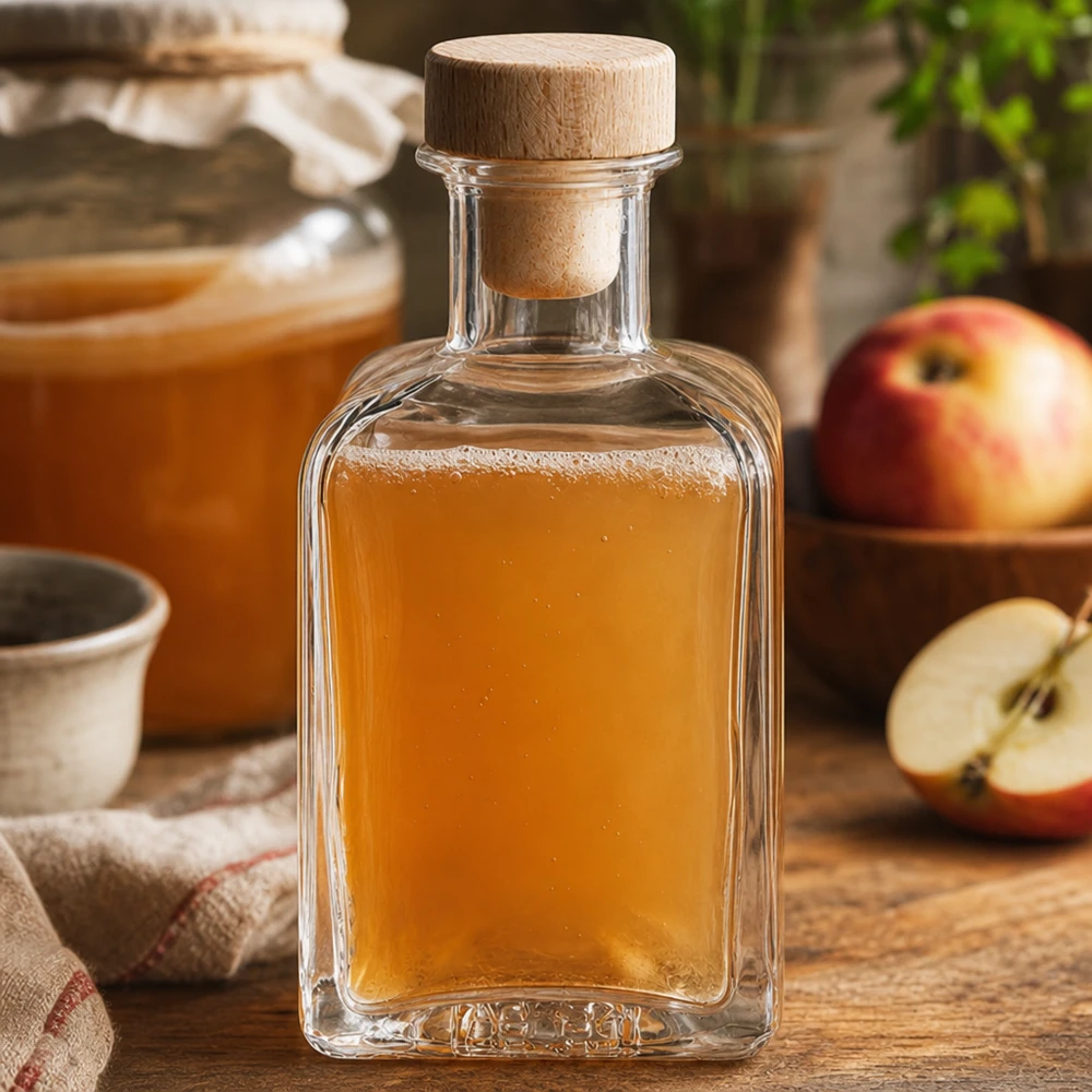 Bottiglia di vetro Clara da 200 ml riempita di succo di mela tappo di legno fette di mela cucina rustica succhi naturali bottiglia decorativa