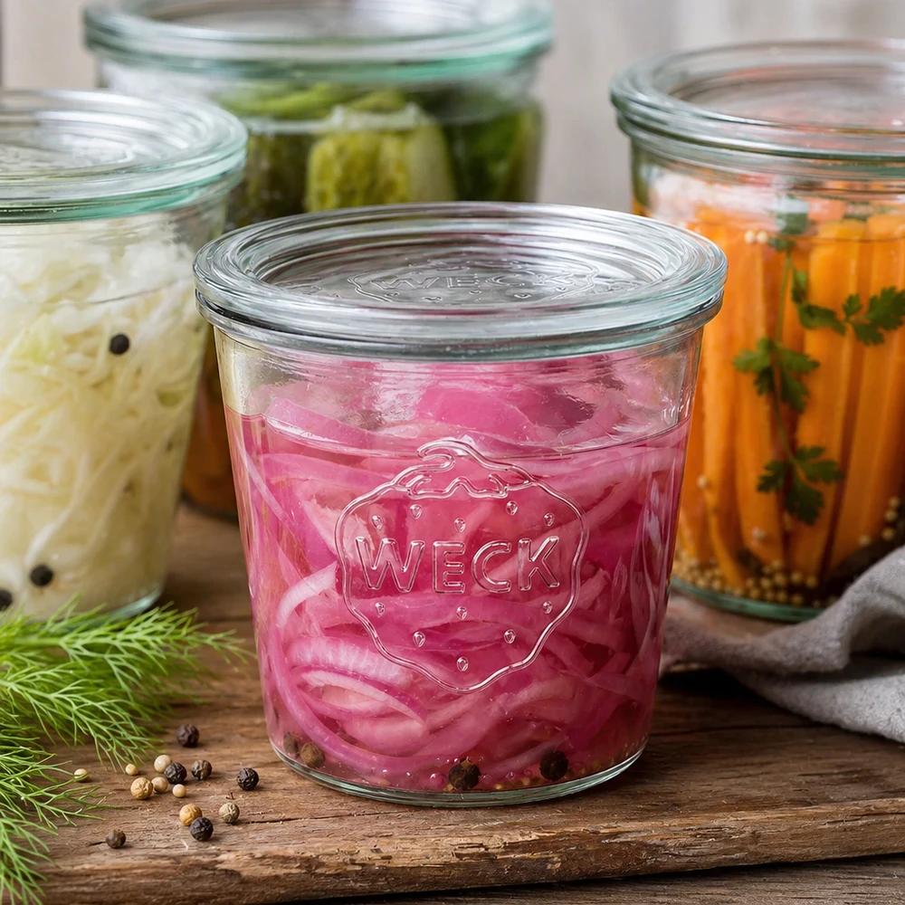 Barattolo di vetro da 580 ml con coperchio in vetro WECK RR100 WECK vaso di vetro da 580 ml riempito di verdure e spezie in salamoia per la fermentazione Esempio accanto all'aneto