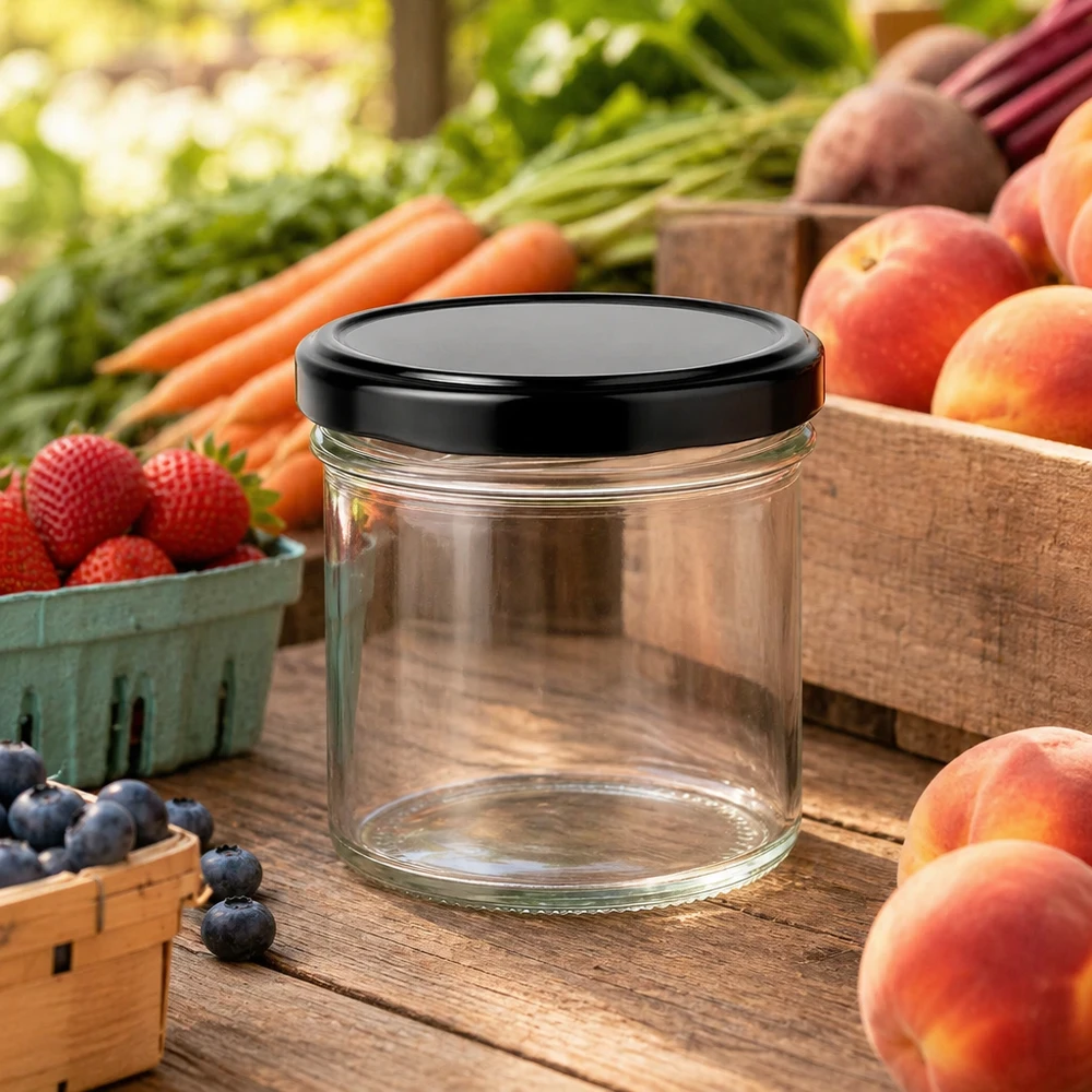 Bicchieri da 125 ml con coperchio BasicSeal nero UNiTWIST. Bicchieri da 125 ml con coperchio nero tra frutta e verdura fresca su un tavolo di legno Atmosfera da bancarella di mercato
